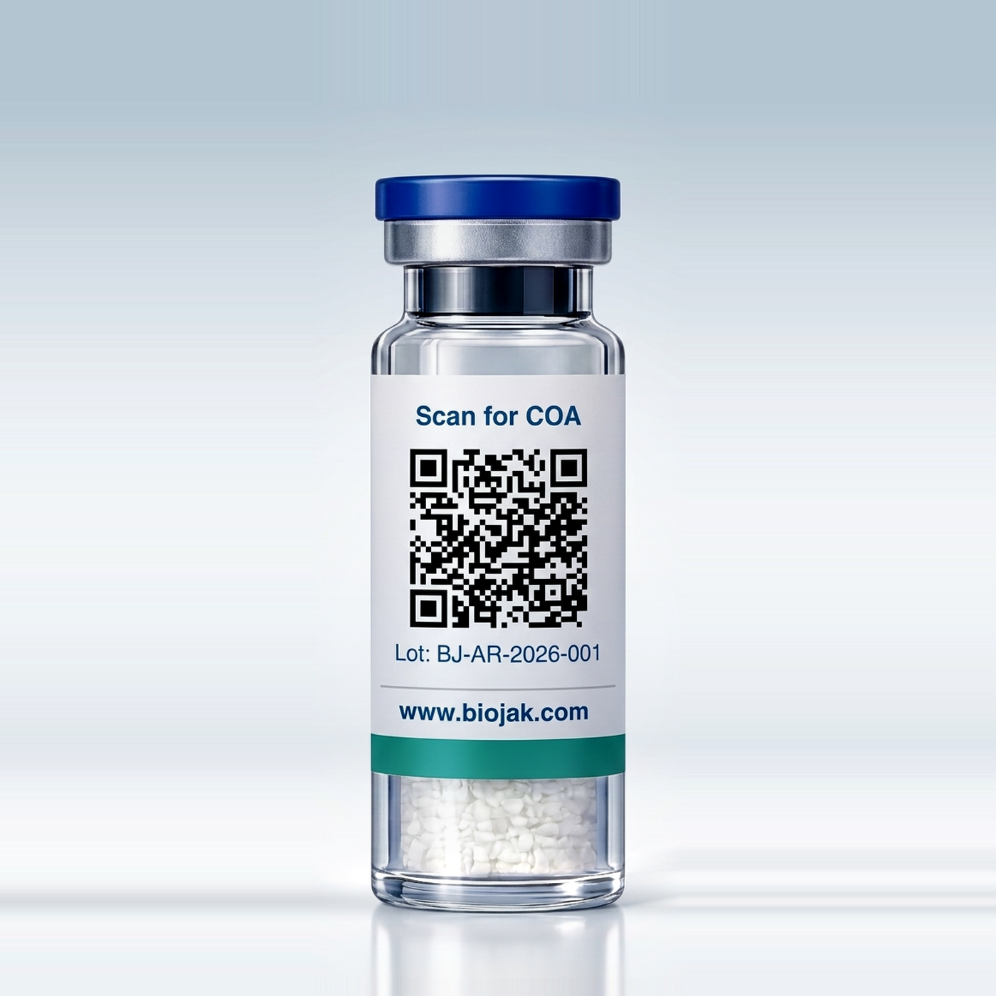 Dorso del vial de BPC-157 con código QR para el certificado de análisis