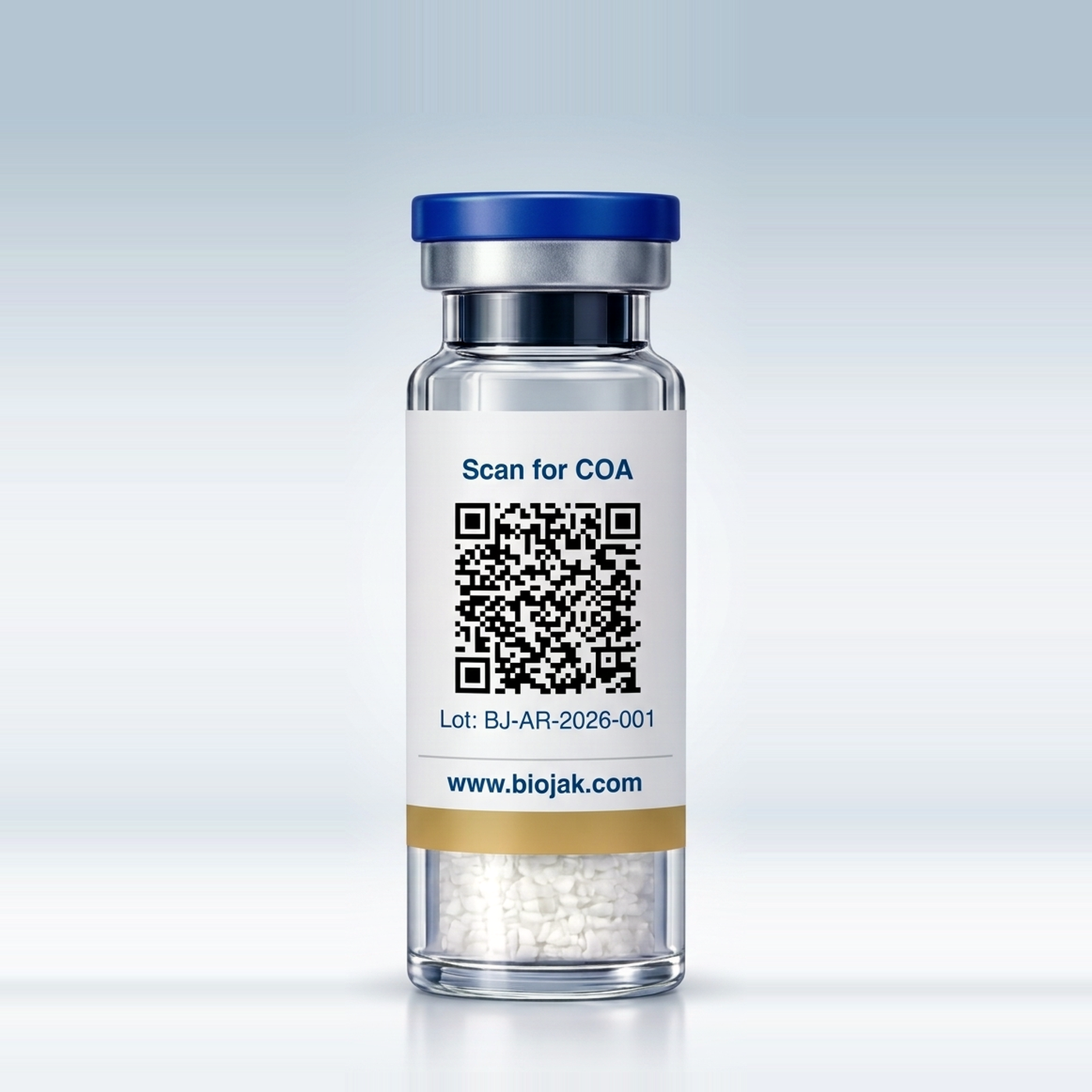 Dorso del vial de CJC-1295 con código QR para el certificado de análisis