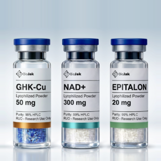 Stack Eón de BioJak: viales de GHK-Cu 50 mg, NAD+ 300 mg y Epitalon 20 mg