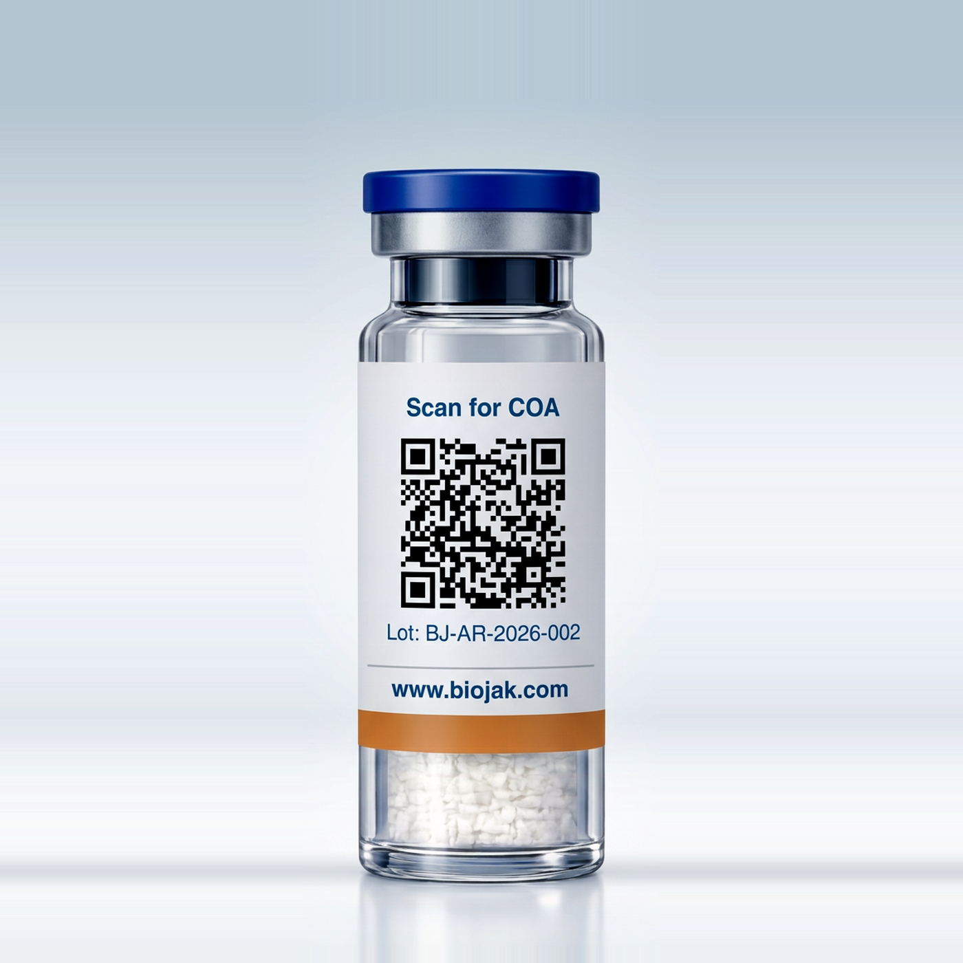 Dorso del vial de MOTS-c con código QR para el certificado de análisis