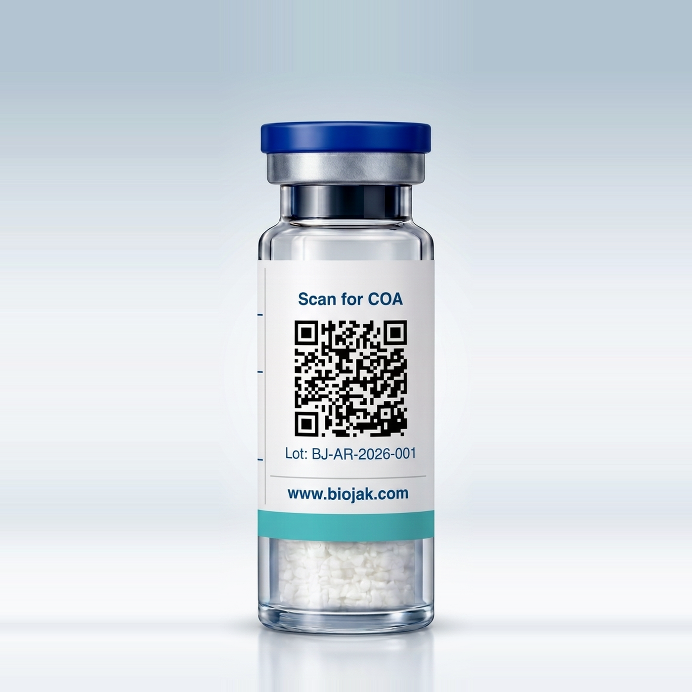Dorso del vial de NAD+ con código QR para el certificado de análisis