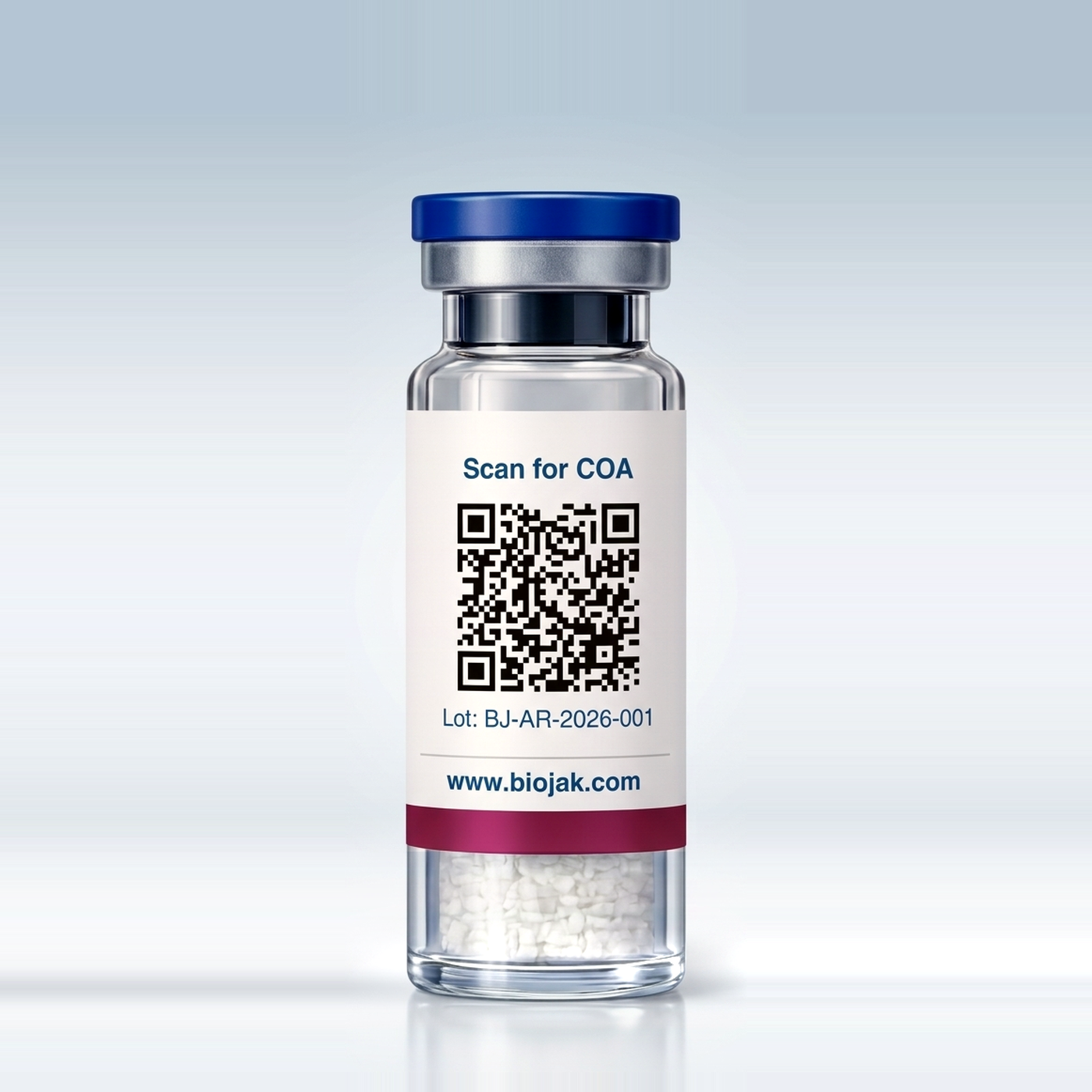 Dorso del vial de PT-141 con código QR para el certificado de análisis