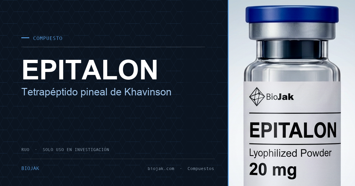 Vial de Epitalon liofilizado de BioJak, etiqueta RUO para uso exclusivo en investigación