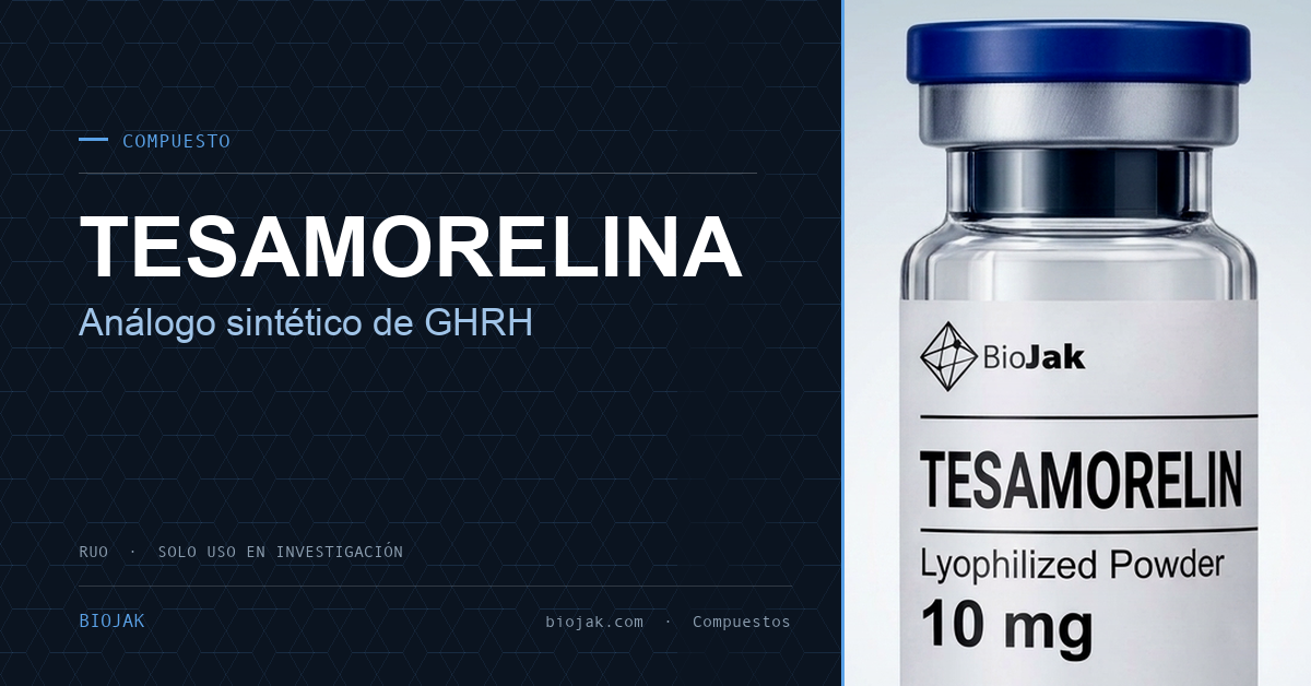 Vial de Tesamorelina liofilizada de BioJak, etiqueta RUO para uso exclusivo en investigación